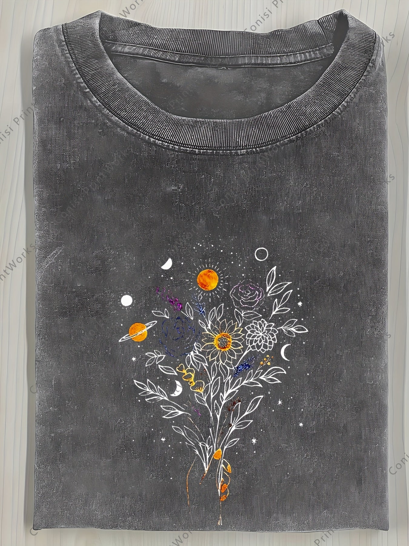 1pc Men's Vintage Washed Cotton T-Shirt with Celestial Star & Print, Loose Fit Short Sleeve Round Neck Tee, Casual Summer Shirt Suitable for All-Season Wear - Perfect Gift for Men