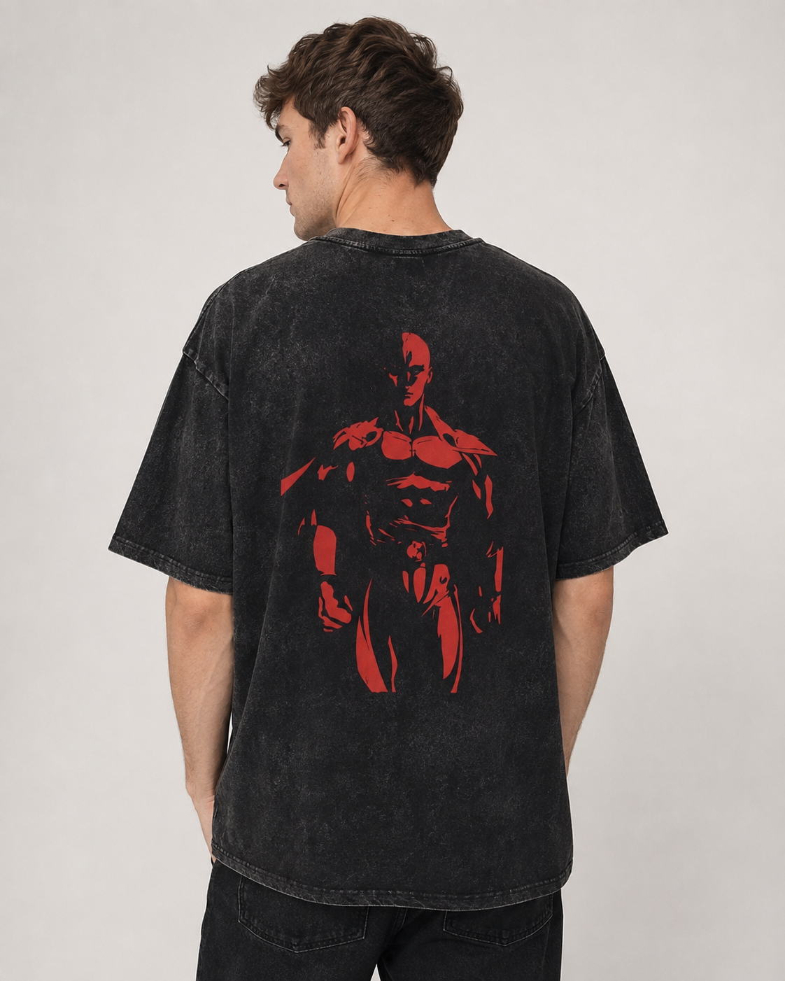 American-style acid-washed distressed One-Punch Man Saitama print short-sleeved T-shirt, heavyweight retro wash, oversized, loose fit, unisex.