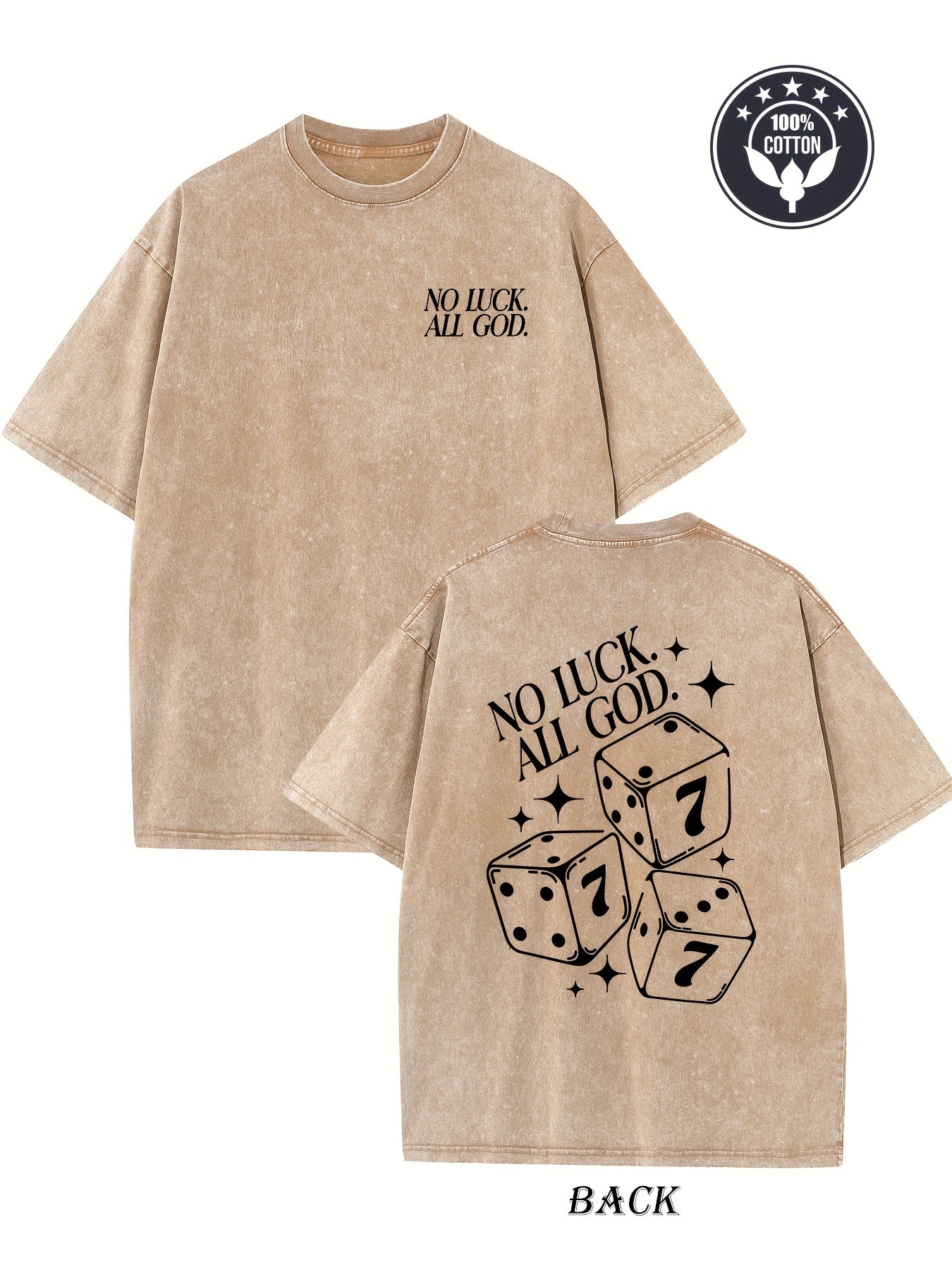 Men's Heavyweight 230g Pure Cotton Vintage Washed T-Shirt with Double-Sided "No Luck All Gods" & Dice Print - Loose Fit Drop Shoulder Streetwear Tee, Round Neck Casual Top for all-Season Wear (Machine Washable)
