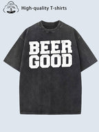 Men'S Vintage Distressed T-Shirt - Heavy Washed Retro Graphic Tee with "BEER" Print, Soft Breathable Fabric, Loose Fit Round Neck Shirt for Casual & Formal Outfits