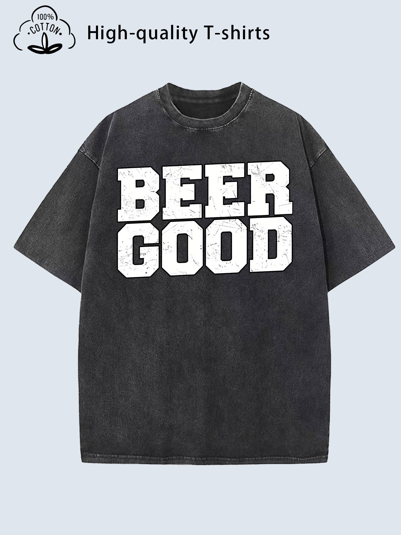Men'S Vintage Distressed T-Shirt - Heavy Washed Retro Graphic Tee with "BEER" Print, Soft Breathable Fabric, Loose Fit Round Neck Shirt for Casual & Formal Outfits