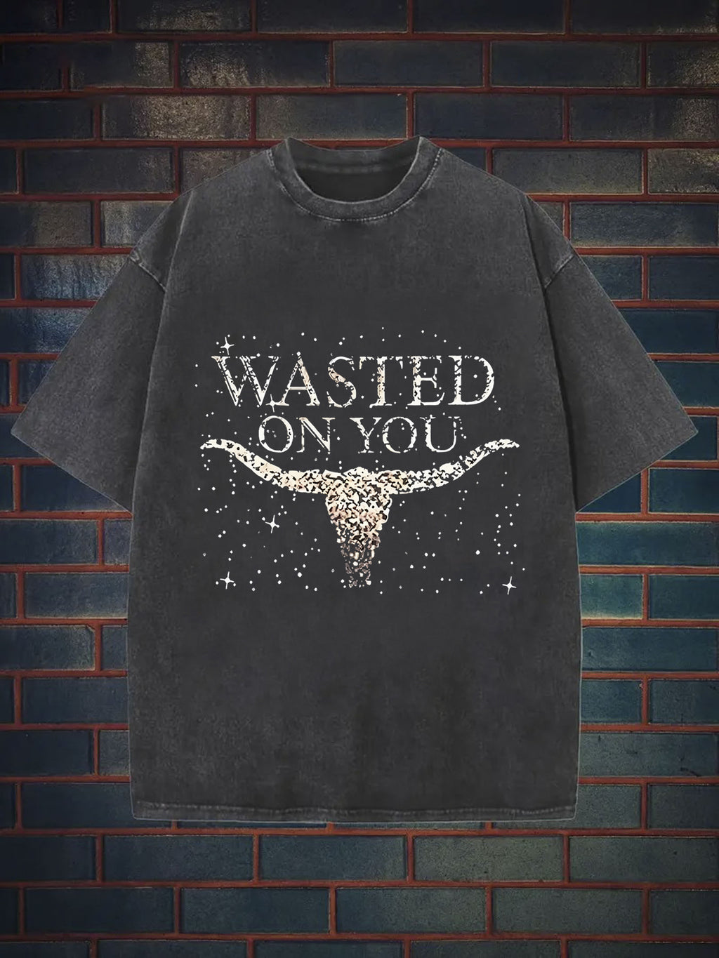 Men'S 230g Heavyweight Washed T-Shirt with Skull & Horns Graphic Print, Loose Fit Streetwear Style, Lavender Glitter Accent - Western Cowboy Design, All-Season Casual Outdoor & Casual Attire, Ideal Gift for Men (Durable 230gsm Fabric)