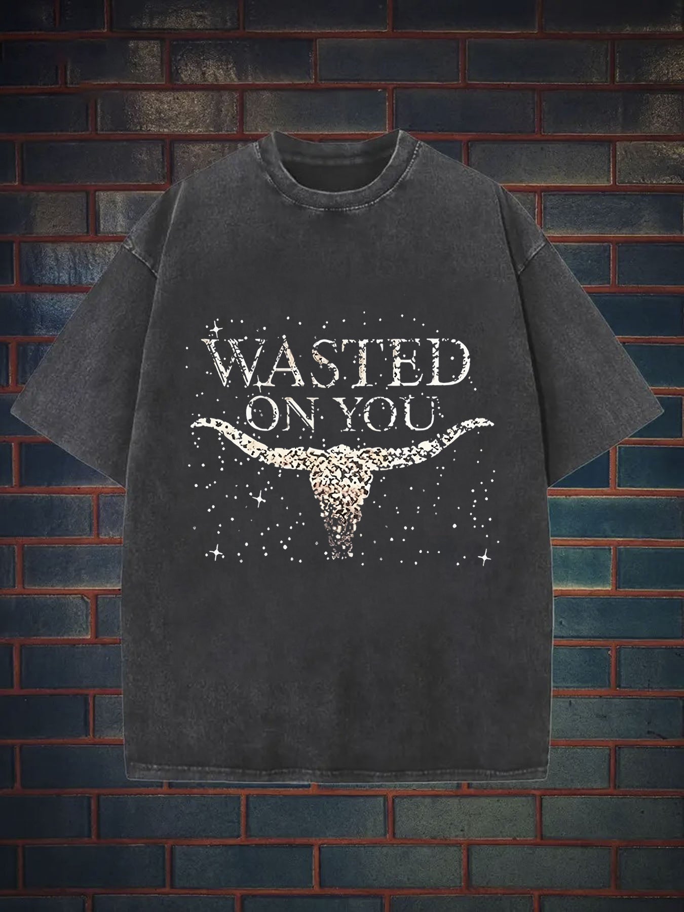 Men'S 230g Heavyweight Washed T-Shirt with Skull & Horns Graphic Print, Loose Fit Streetwear Style, Lavender Glitter Accent - Western Cowboy Design, All-Season Casual Outdoor & Casual Attire, Ideal Gift for Men (Durable 230gsm Fabric)