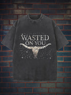 Men'S 230g Heavyweight Washed T-Shirt with Skull & Horns Graphic Print, Loose Fit Streetwear Style, Lavender Glitter Accent - Western Cowboy Design, All-Season Casual Outdoor & Casual Attire, Ideal Gift for Men (Durable 230gsm Fabric)