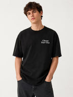 Heavyweight Pure Cotton Oversized T-Shirt – Washed & Distressed Finish, Double-Sided Print with Motivational Slogan; Minimalist American-Style Streetwear Top