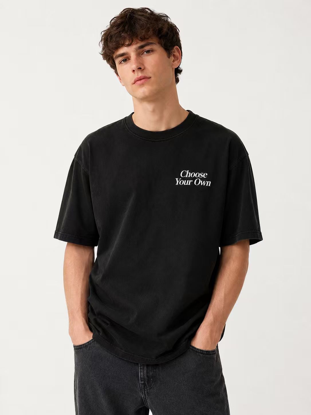 Heavyweight Pure Cotton Oversized T-Shirt – Washed & Distressed Finish, Double-Sided Print with Motivational Slogan; Minimalist American-Style Streetwear Top