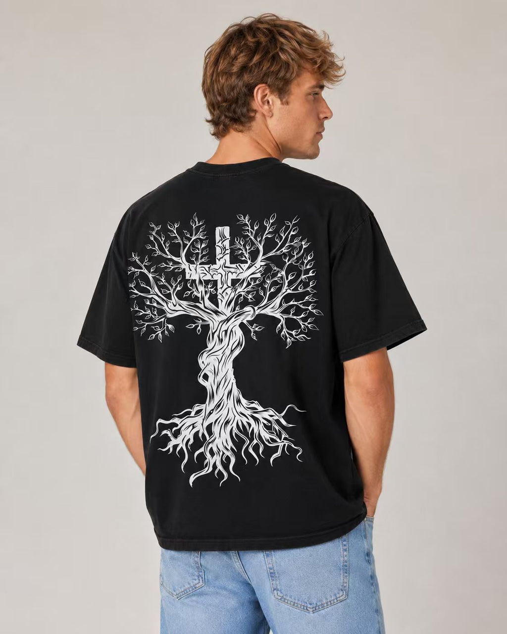 Men's Pure Cotton Vintage "FAITH" T-Shirt – Loose Fit, Drop-Shoulder, Short Sleeve – Tree of Life Cross Print