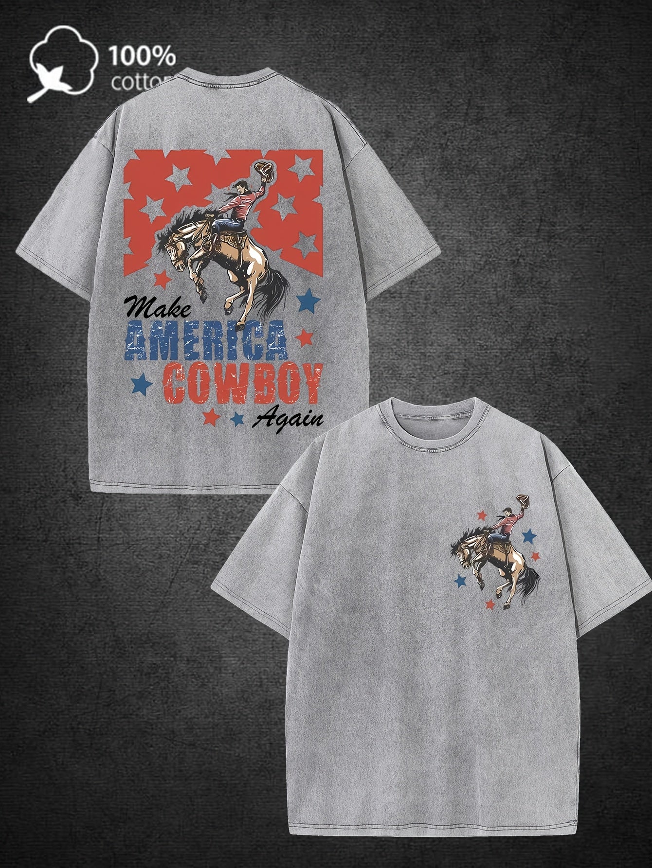 Men's Lavender "Make America Cowboy Again" T-Shirt - Heavy Washed 220g Cotton Western Shirt with Cowboy Pattern, Loose Fit Retro Streetwear Top for Rodeo, Ranch & Casual Wear, Machine Washable All-Season Outfit