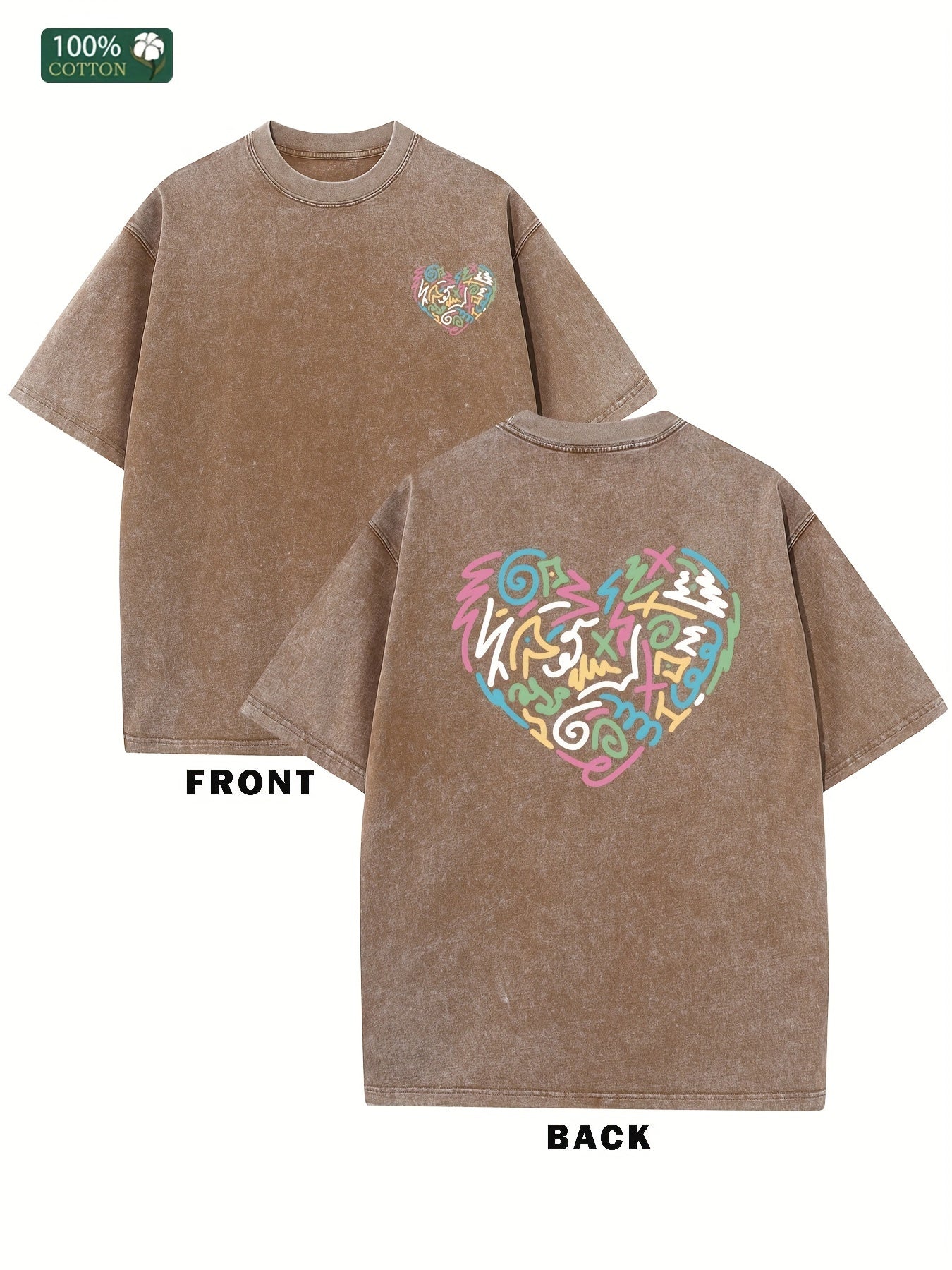 Men'S Oversized Heavyweight T-Shirt - Acid-Wash Vintage Streetwear Tee with Color Block Heart Graphic & Geometric Print, Drop Shoulder Loose Fit Hip Hop Unisex Round Neck Casual Shirt for Men & Women