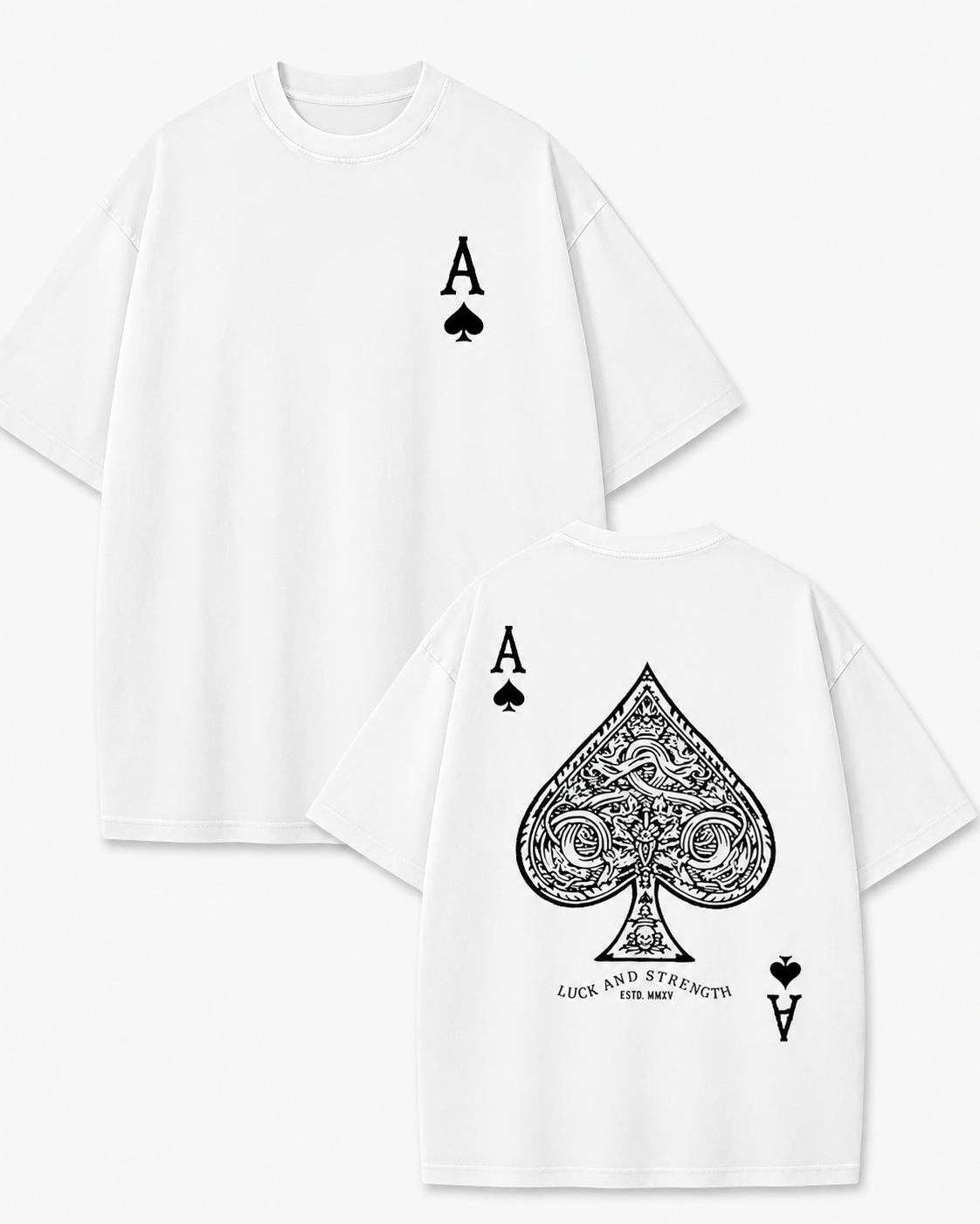American-style acid-washed distressed Ace of Spades playing card print short-sleeved T-shirt, heavyweight vintage wash, oversized, loose fit, unisex.
