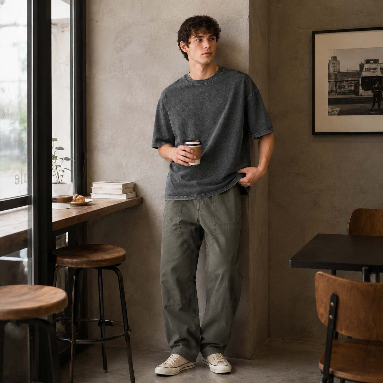 Men's Vintage Washed Grey Loose-Fit T-Shirt | Heavyweight Cotton American Streetwear Style Drop-Shoulder Short Sleeve