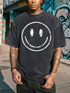 Men'S Vintage Print Heavy Washed Tee | Street Retro Style, Round Neck, Loose Fit, Soft Comfortable Breathable, All-Season Casual Wear