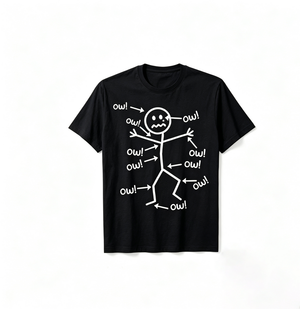 Fun Stickman "OW" Style Graphic Print Pure Cotton T-Shirt – Women's Loose, Oversized Casual Short-Sleeve Tee