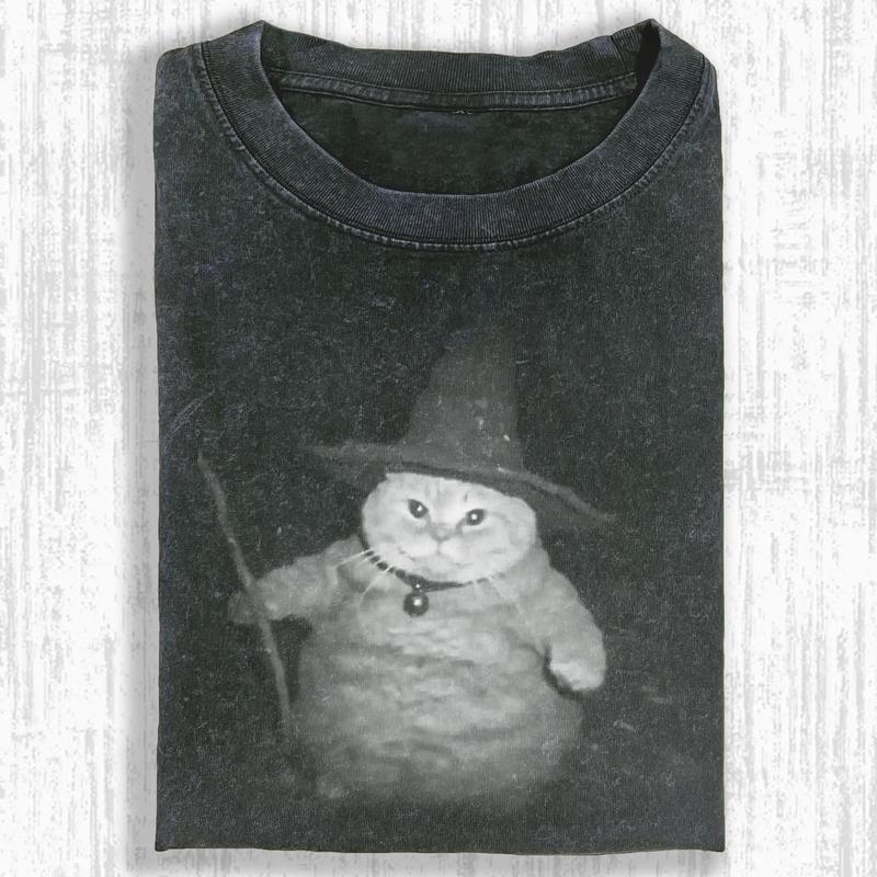 Funny Cat Vintage Washed Crew Neck Tee Heavyweight(280g) Regular Fit Casual Comfort Breathable Short Sleeve Funny T-shirts for Summer Fashion Men&Women's Top for Daily Wear 06202