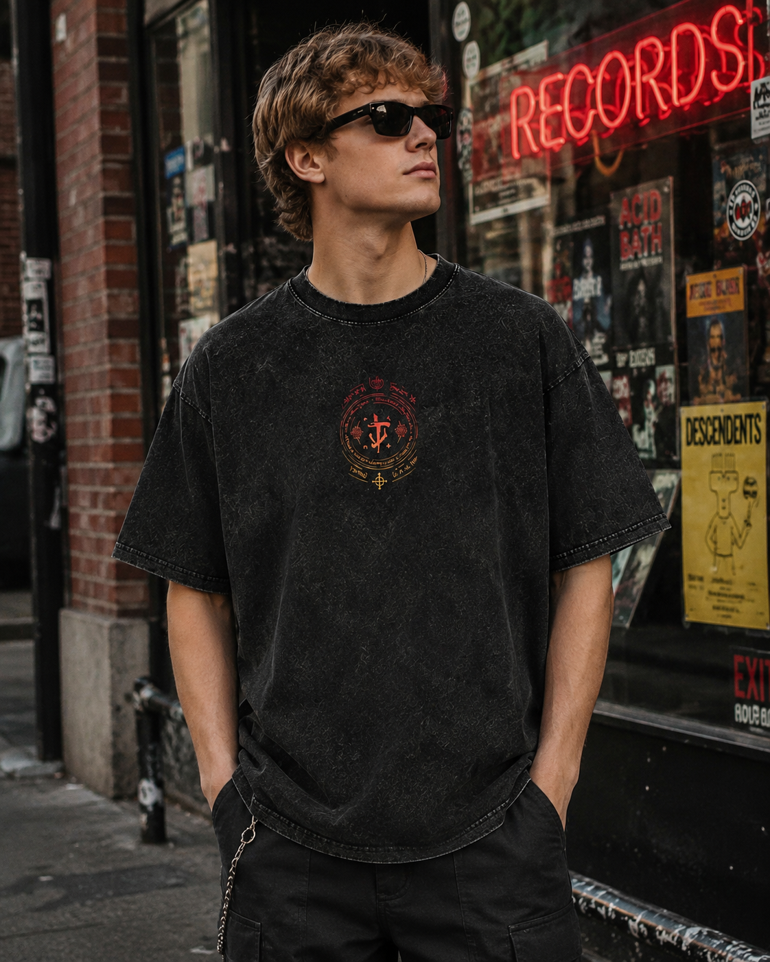 American-style acid-washed distressed DOOM game print short-sleeved T-shirt, heavyweight retro wash, oversized, loose fit, unisex.