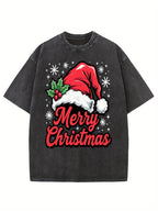 Men's & Women's Vintage Washed Christmas T-Shirt - Dark Green with Red "Merry Christmas" & Santa Hat Print, Loose Fit Cotton Blend Short Sleeve Holiday Party Outfit Suitable for Adults,, Family Matching - Machine Washable Year-Round Wear
