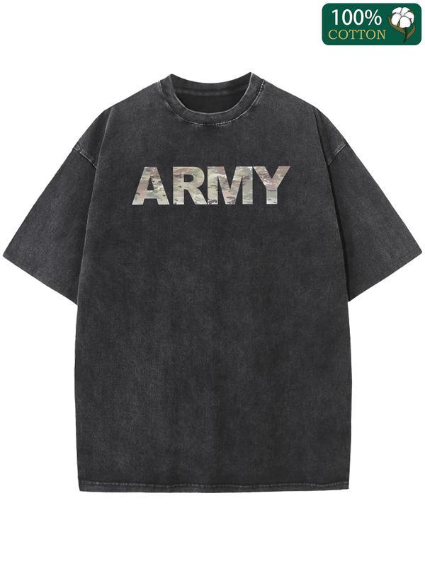 Couples Retro Washed Print T Shirt Army Camouflage Pattern Oversized Crew Neck Short Sleeve Loose Fit Straight Hem Graphic Tee