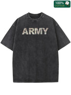 Couples Retro Washed Print T Shirt Army Camouflage Pattern Oversized Crew Neck Short Sleeve Loose Fit Straight Hem Graphic Tee