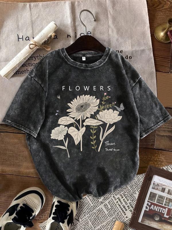 Summer Vibes) Women'S Floral Print Letter T-Shirt - Casual Crew Neck, Short Sleeve, Loose Fit, Washed Vintage Blend Top for Casual Attire, Floral Tshirt