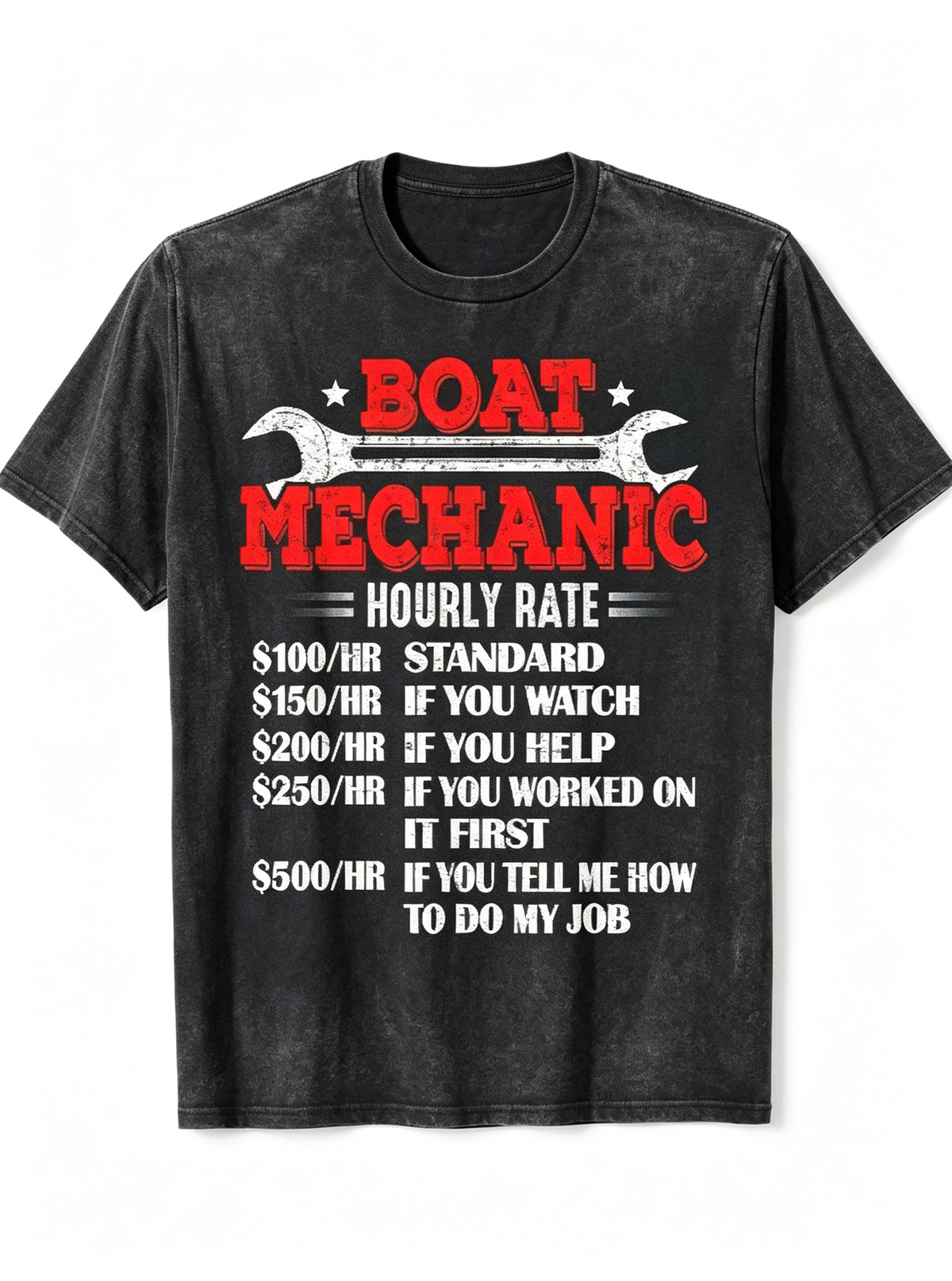 Women's Black Washed-Finish Short-Sleeve T-Shirt – Featuring a Fun "Marine Mechanic Wrench & Hourly Rate Quote" Graphic – American Workwear Style Crew Neck Top