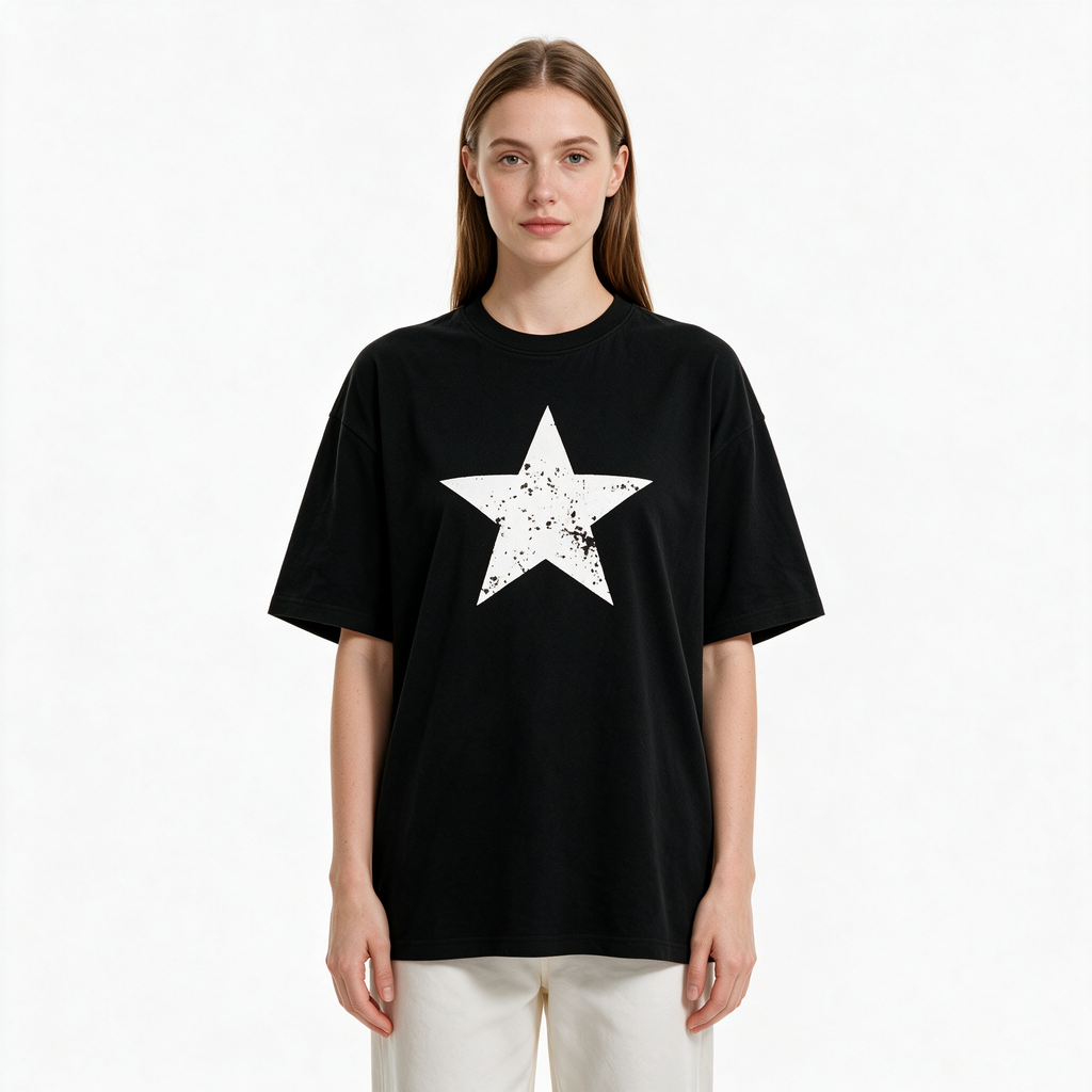 Vintage-style distressed star-print T-shirt – 100% cotton, black, oversized fit, short sleeves.