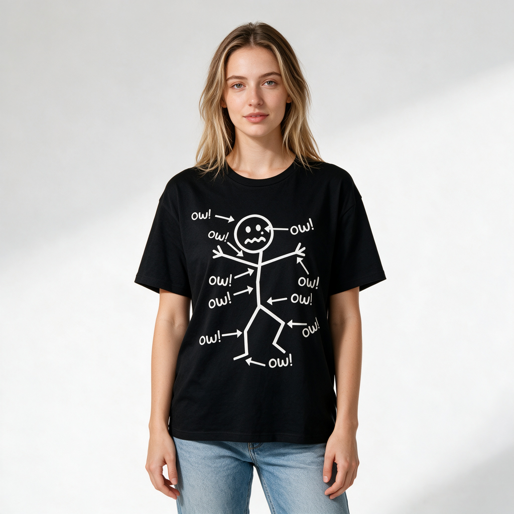 Fun Stickman "OW" Style Graphic Print Pure Cotton T-Shirt – Women's Loose, Oversized Casual Short-Sleeve Tee