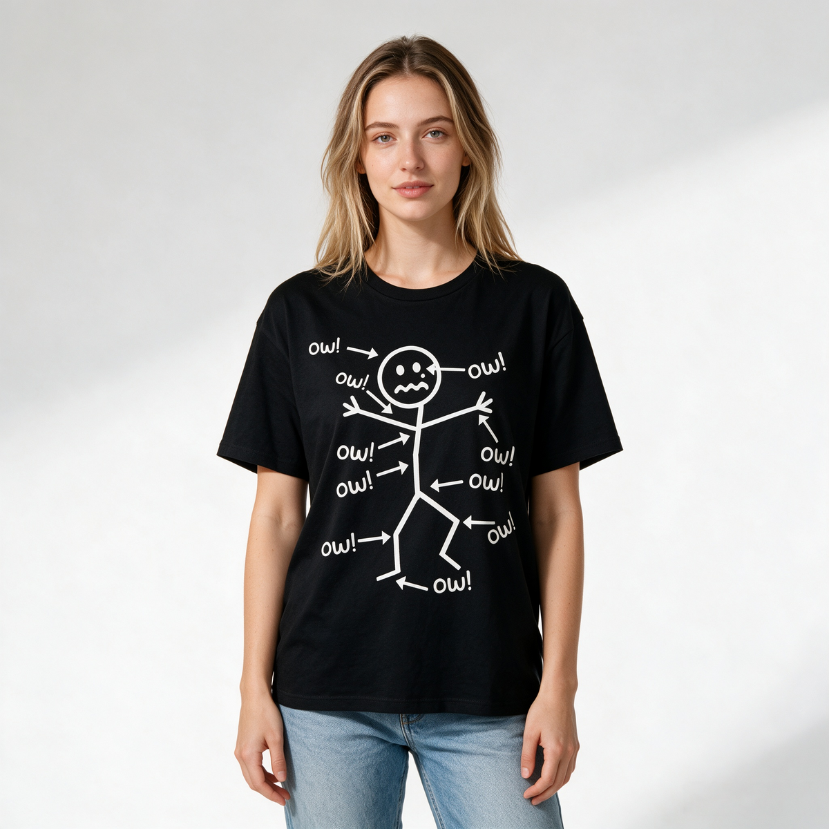 Fun Stickman "OW" Style Graphic Print Pure Cotton T-Shirt – Women's Loose, Oversized Casual Short-Sleeve Tee