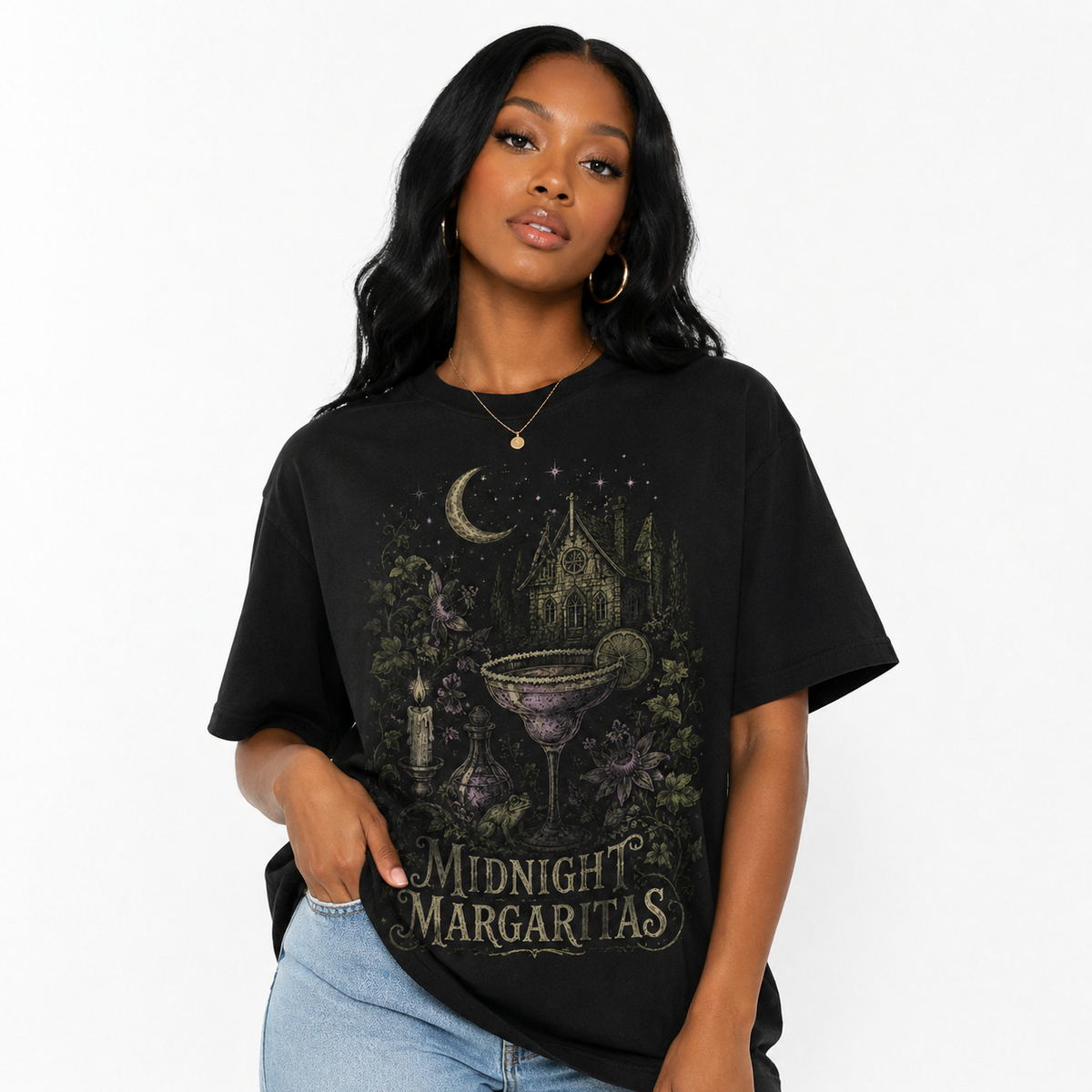 Women's Loose Oversized Washed-Finish Cotton T-Shirt with Dark Retro "Midnight Margarita" Print