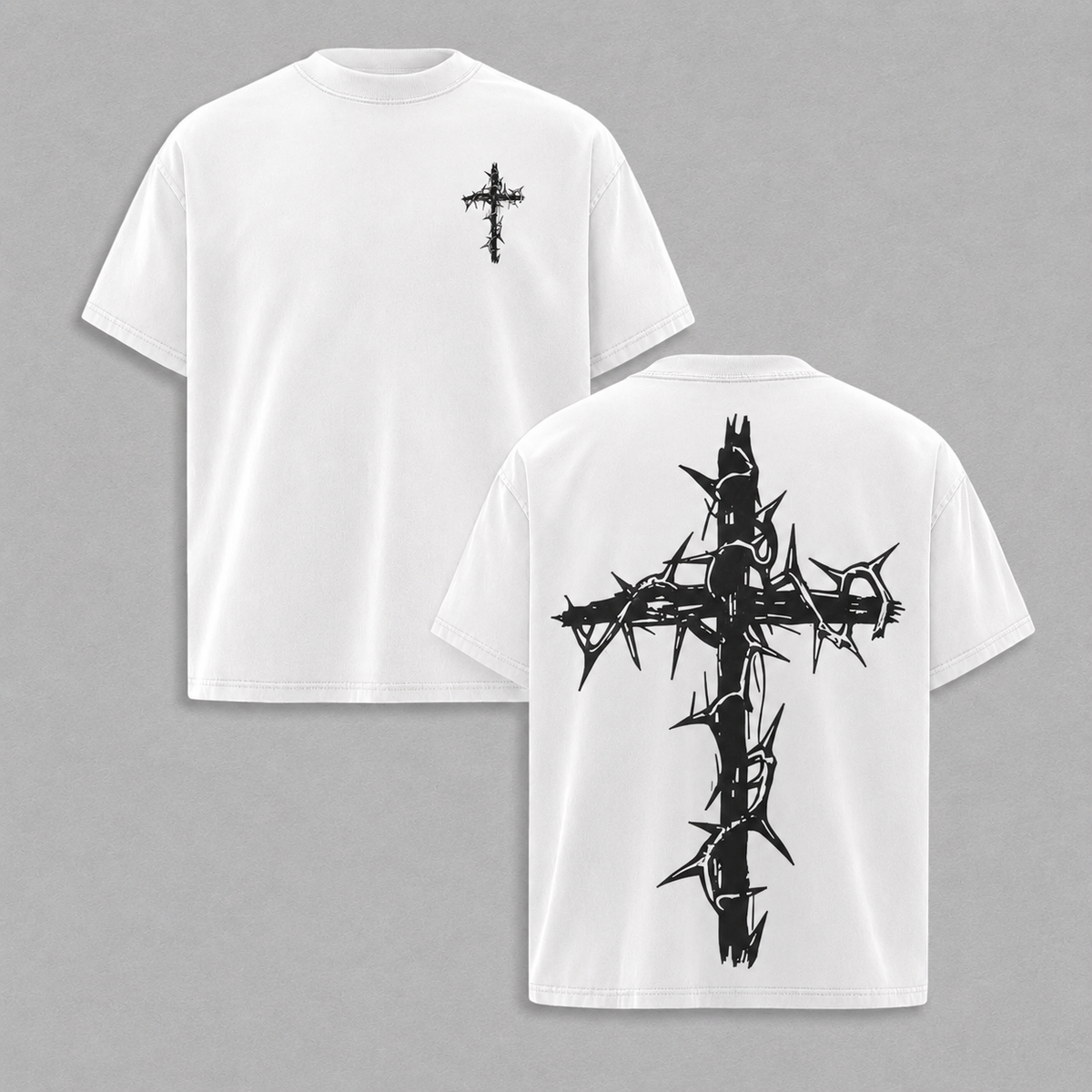 Vintage-Wash Short-Sleeve T-Shirt | Double-Sided Thorn Cross Print | Dark Religious Aesthetic | Oversized Unisex Fit