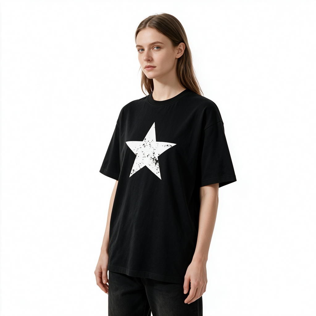 Vintage-style distressed star-print T-shirt – 100% cotton, black, oversized fit, short sleeves.