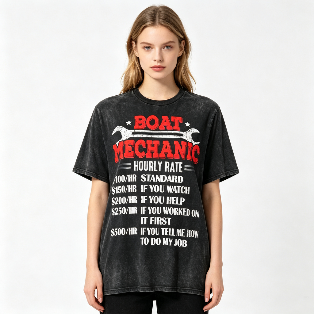 Women's Black Washed-Finish Short-Sleeve T-Shirt – Featuring a Fun "Marine Mechanic Wrench & Hourly Rate Quote" Graphic – American Workwear Style Crew Neck Top