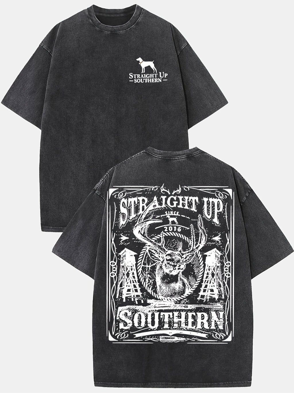 Men's Vintage Southern Deer & Double-Sided Graphic T-Shirt - 230g Washed Cotton Soft Round Neck Short Sleeve Tee with Retro Streetwear Deer Print - Casual Summer & Year-Round Comfortable Top