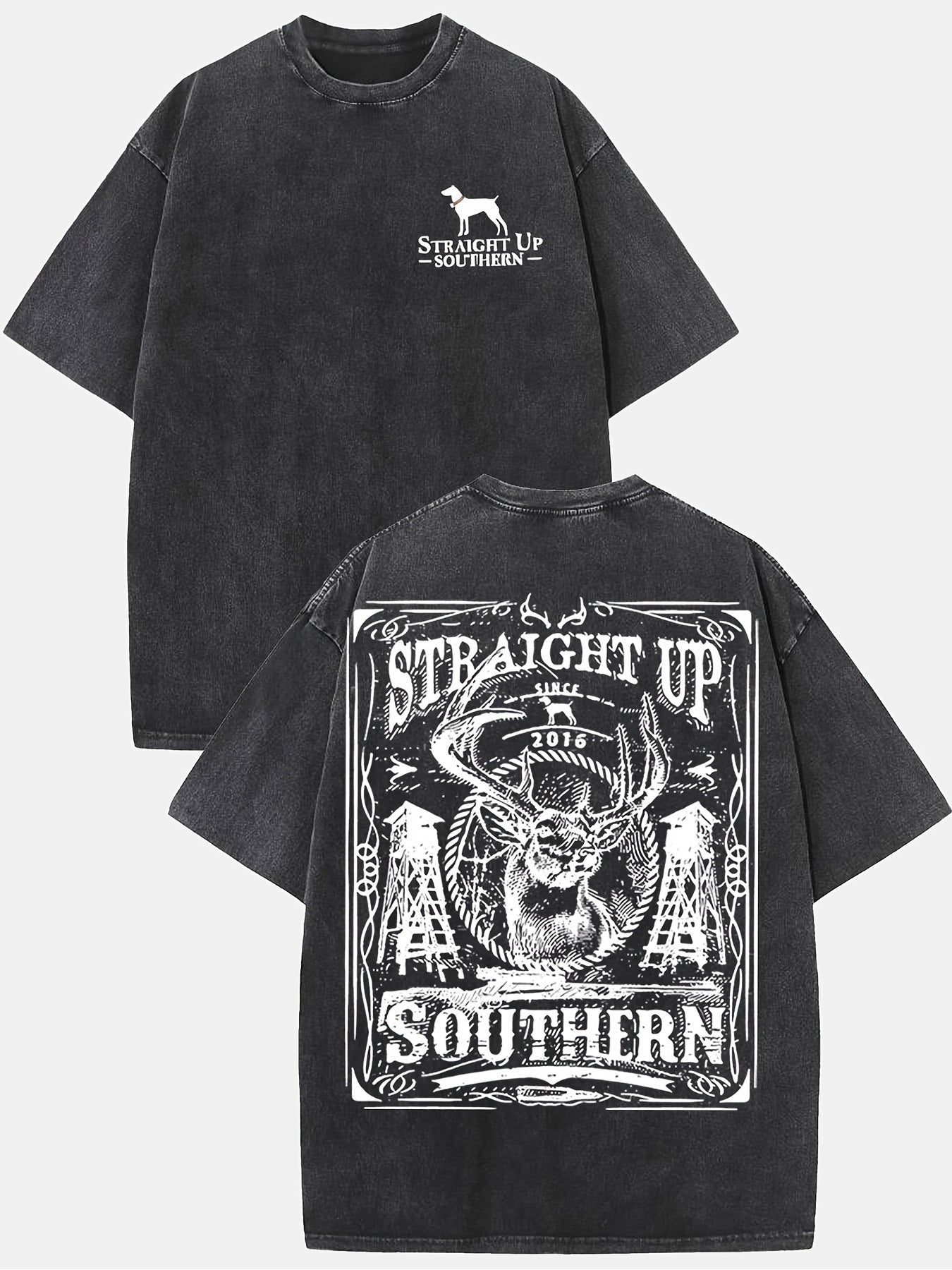 Men's Vintage Southern Deer & Double-Sided Graphic T-Shirt - 230g Washed Cotton Soft Round Neck Short Sleeve Tee with Retro Streetwear Deer Print - Casual Summer & Year-Round Comfortable Top