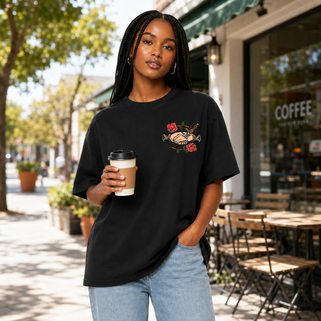 Women's Oversized Streetwear T-Shirt: Washed-Finish Pure Cotton with "Old School" Tattoo-Style Double-Sided Print (Rose, Dagger, and Handshake Motif)