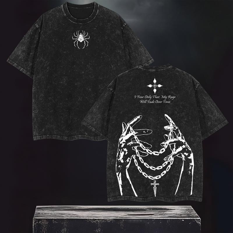 Vintage-Wash Short-Sleeve T-Shirt | Dark Subculture Graphic (Spider, Chains, Hands, Cross) — Double-Sided Print — Unisex Oversized Fit