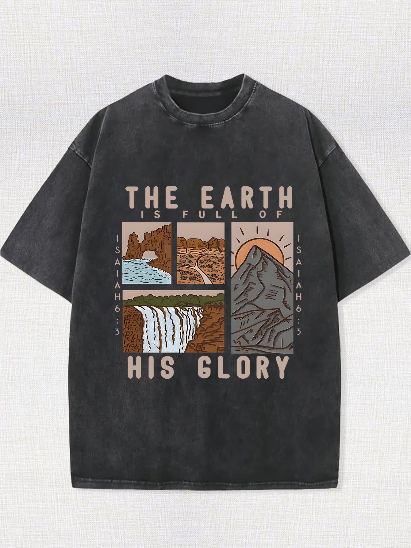 [Casual Style] Men's vintage washed cotton T-shirt - featuring the pattern of "The Earth is His Glory" and mountain and river prints, casual and loose-fitting, breathable short-sleeved T-shirt, suitable for casual wear and outdoor activities, vintage wash