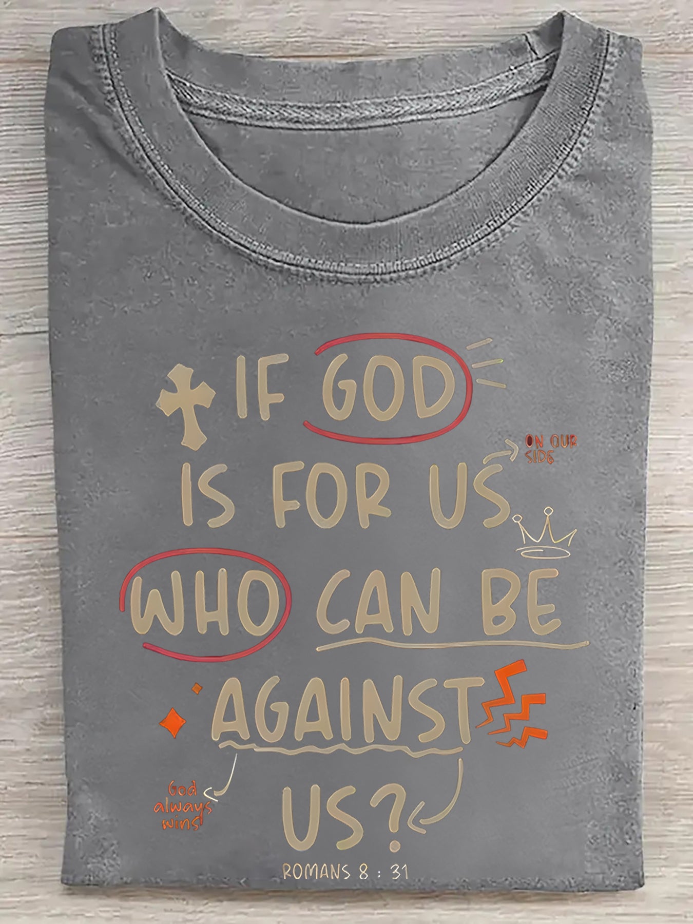 Men's Heavy Washed Christian T-Shirt with Romans 8:31 Verse - Soft Brown Distressed Short Sleeve, Loose Fit Breathable Fabric Suitable for Gym, Travel, Church & Daily Wear - All-Season Faith-Based Gift for Men