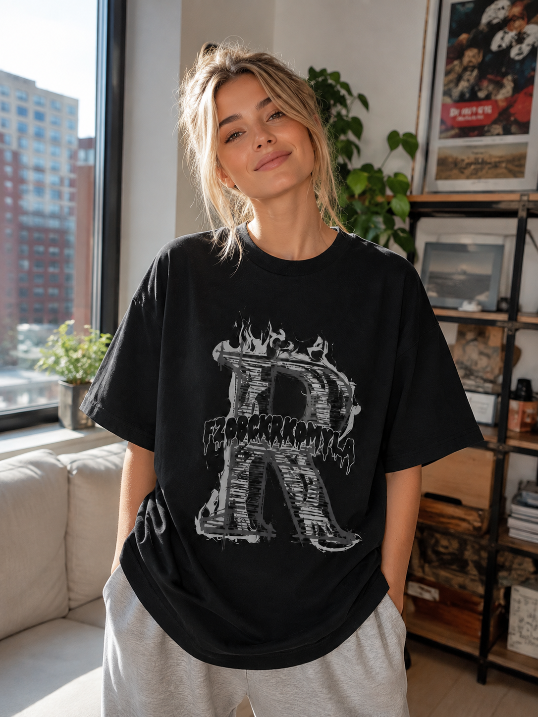 American High-Street Style Flame "R" Print Cotton Short-Sleeve T-Shirt – Distressed, Oversized, Heavyweight Streetwear Top for Women