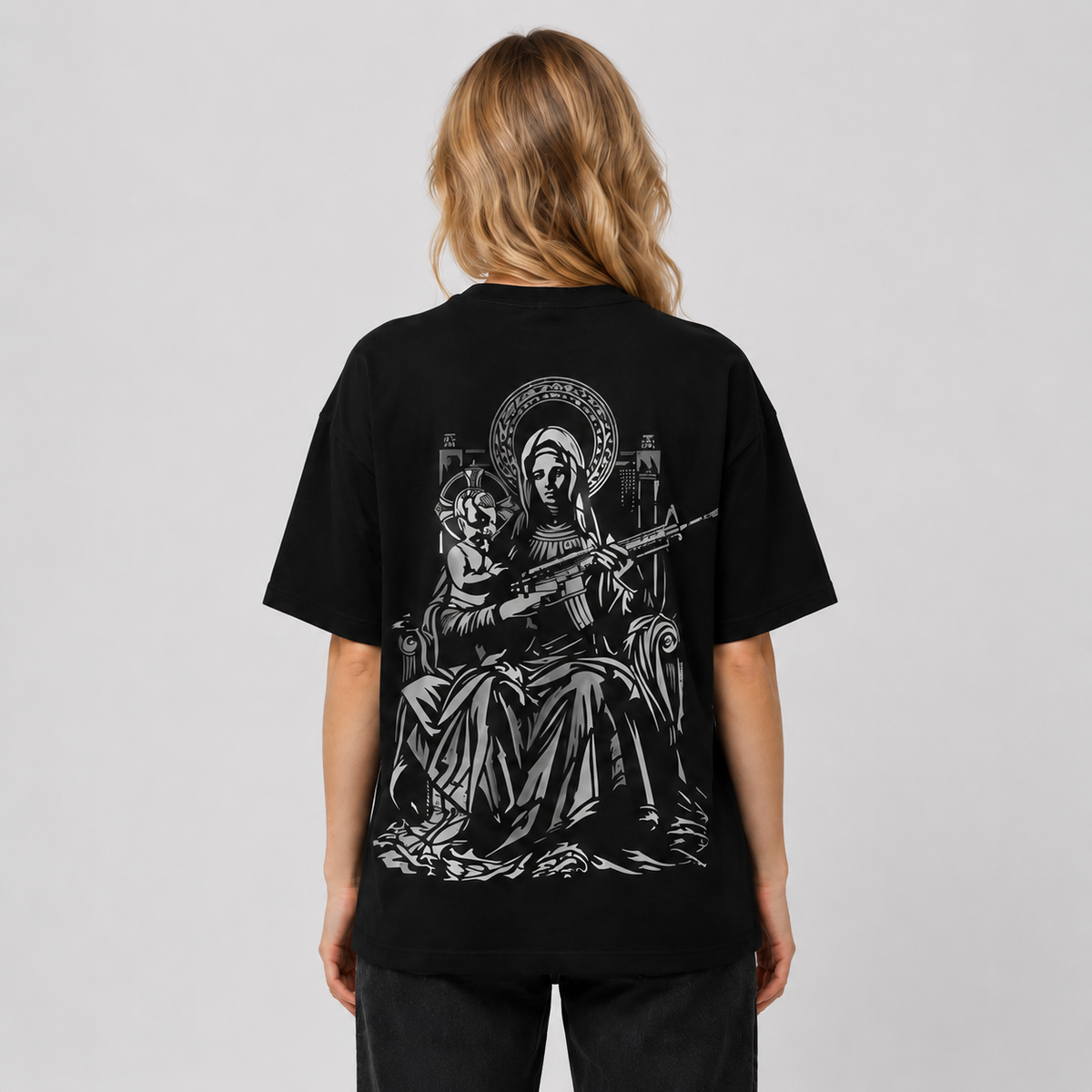 Women's Loose Oversized Cotton T-Shirt – Dark Gothic Style with Front & Back Prints – Edgy Streetwear Short-Sleeve Tee