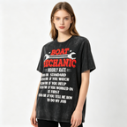 Women's Black Washed-Finish Short-Sleeve T-Shirt – Featuring a Fun "Marine Mechanic Wrench & Hourly Rate Quote" Graphic – American Workwear Style Crew Neck Top