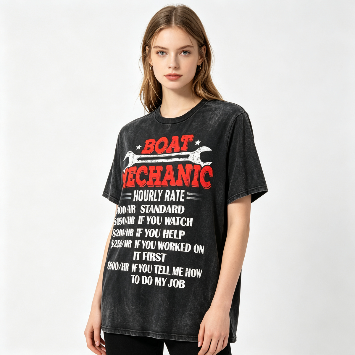 Women's Black Washed-Finish Short-Sleeve T-Shirt – Featuring a Fun "Marine Mechanic Wrench & Hourly Rate Quote" Graphic – American Workwear Style Crew Neck Top