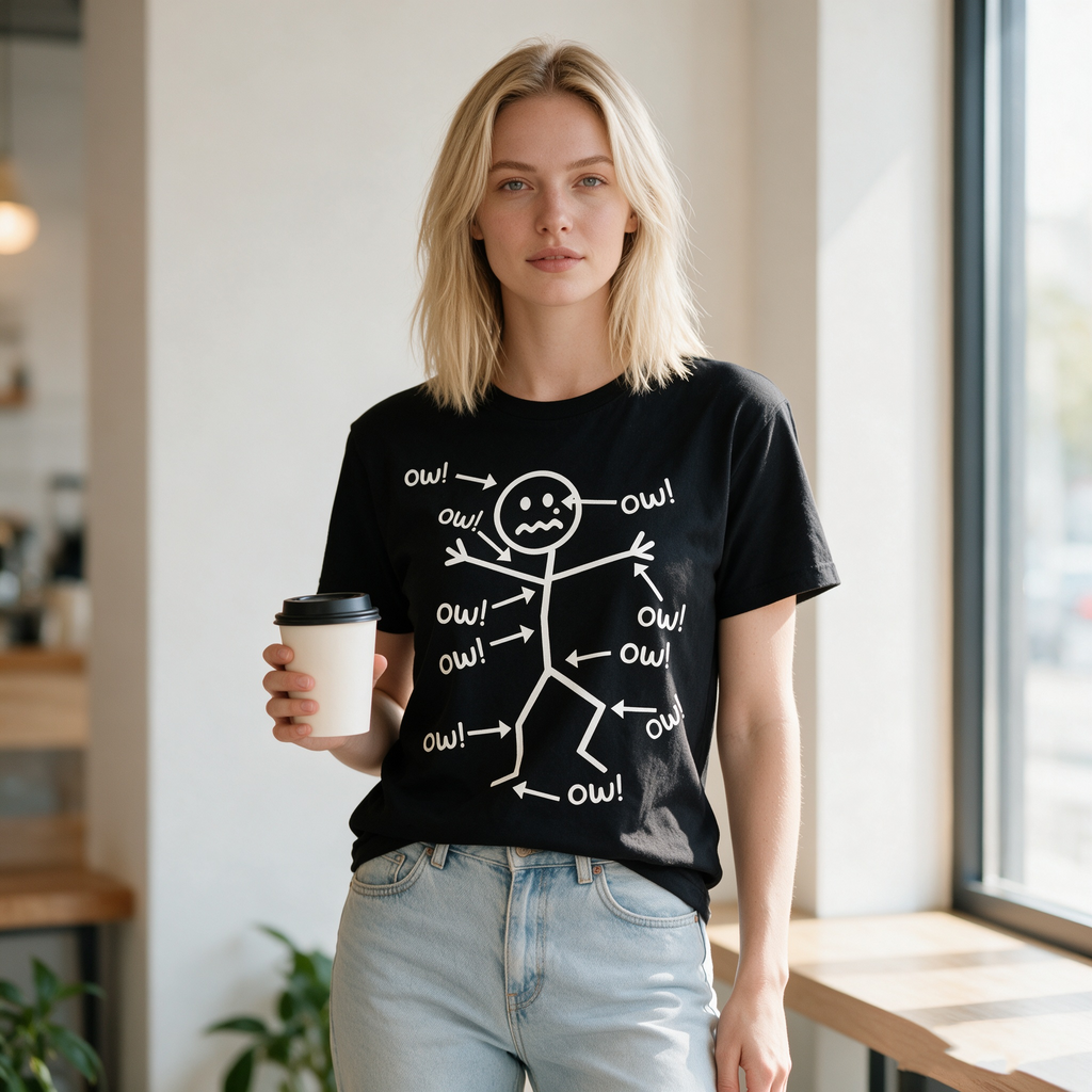 Fun Stickman "OW" Style Graphic Print Pure Cotton T-Shirt – Women's Loose, Oversized Casual Short-Sleeve Tee
