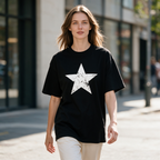 Vintage-style distressed star-print T-shirt – 100% cotton, black, oversized fit, short sleeves.
