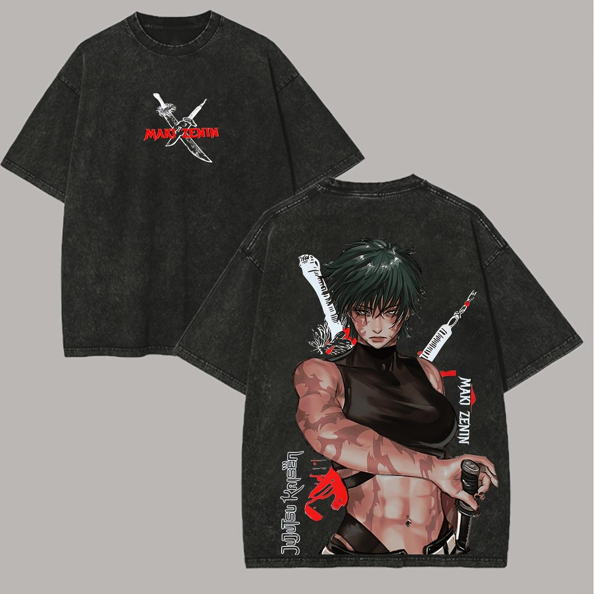 Vintage-Wash Short-Sleeve T-Shirt | *Jujutsu Kaisen* Maki Zenin Double-Sided Print – Oversized Unisex Tee with Large Anime Graphic