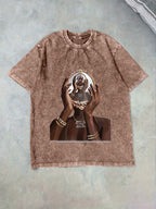 Men's 100% Cotton Streetwear T-Shirt with Crystal Ball Print - Washed Texture Round Neck Tee, Casual Daily Wear & Layering Essential, Machine Washable for all-Season (Crystal Ball Pattern)