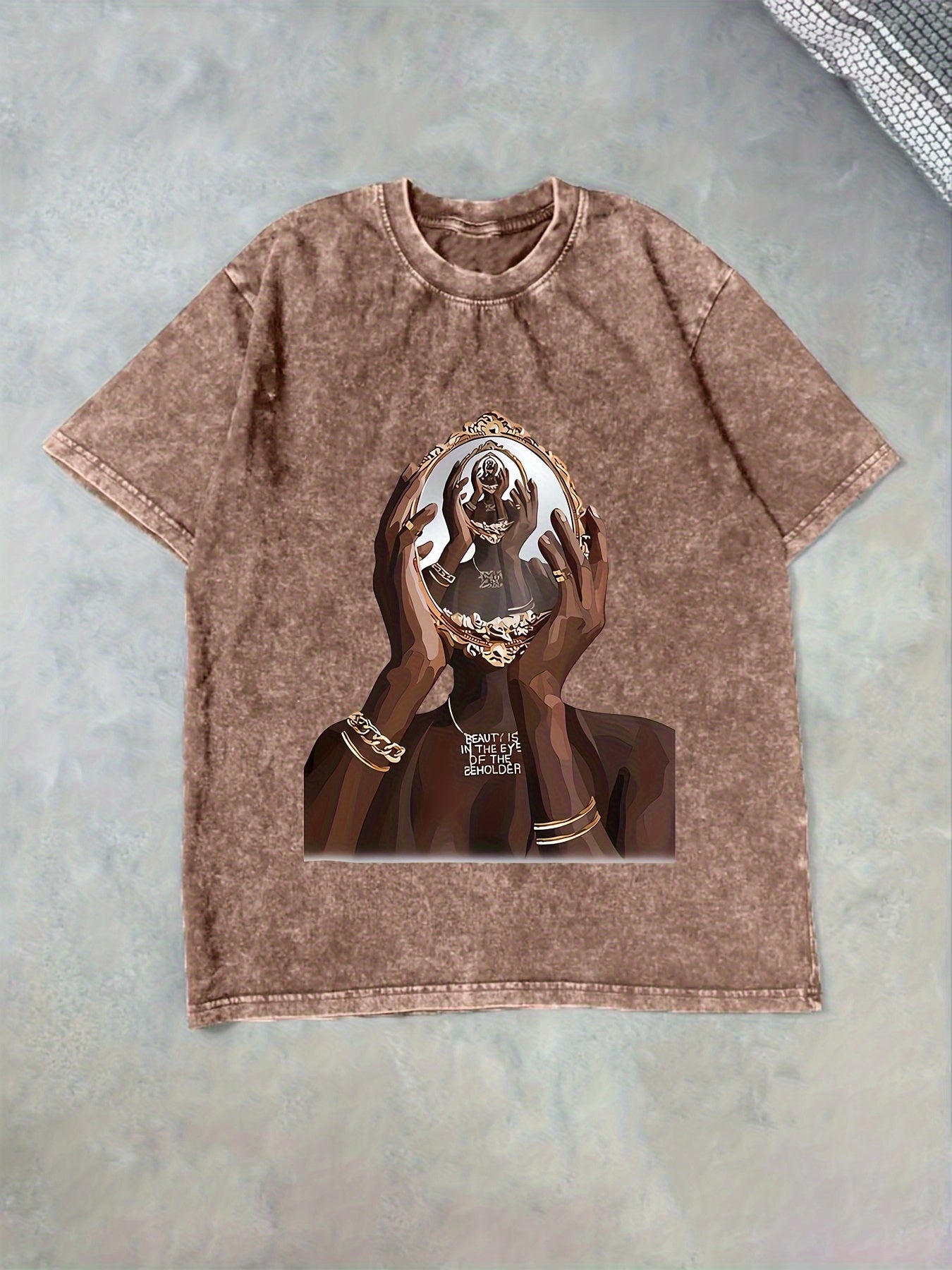 Men's 100% Cotton Streetwear T-Shirt with Crystal Ball Print - Washed Texture Round Neck Tee, Casual Daily Wear & Layering Essential, Machine Washable for all-Season (Crystal Ball Pattern)