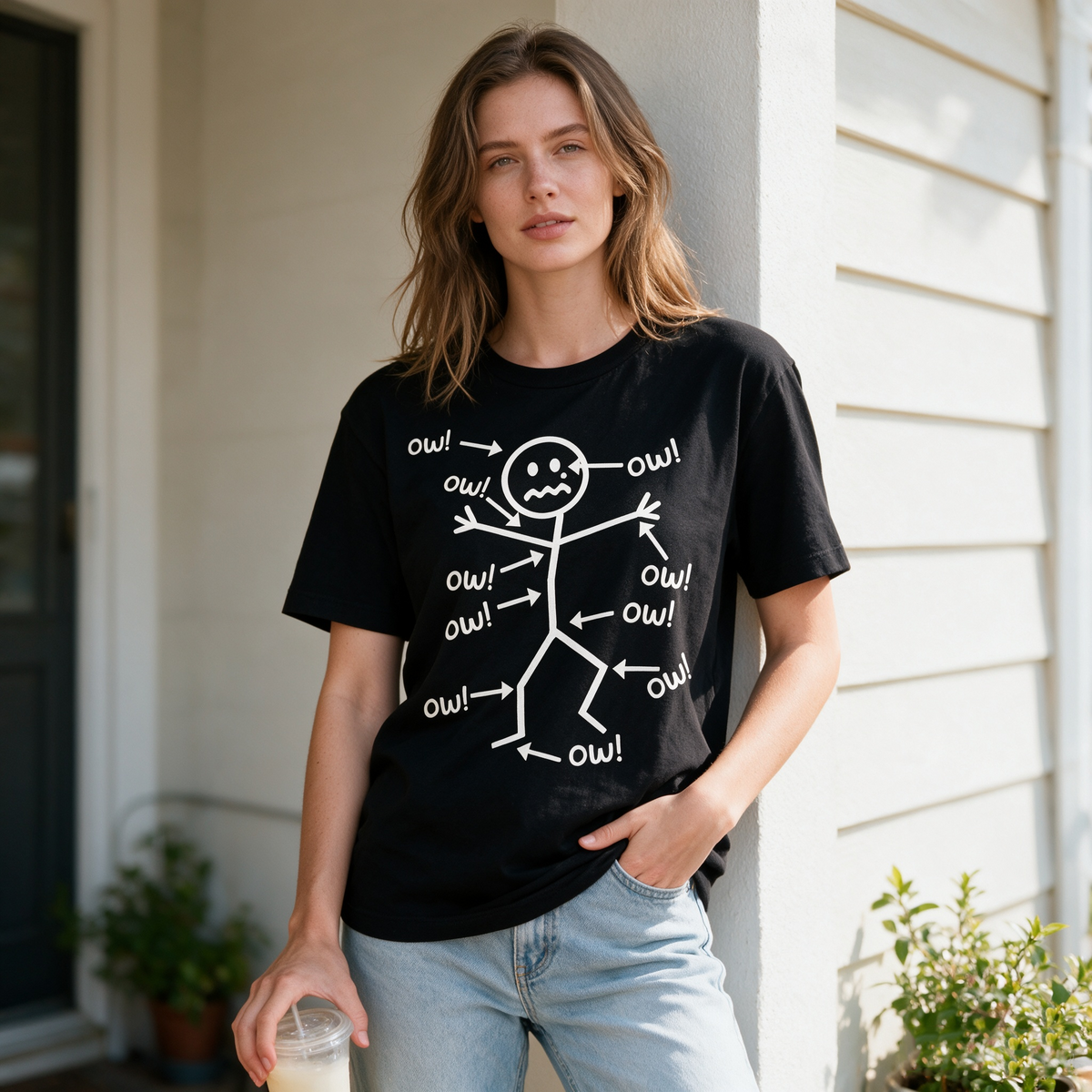 Fun Stickman "OW" Style Graphic Print Pure Cotton T-Shirt – Women's Loose, Oversized Casual Short-Sleeve Tee