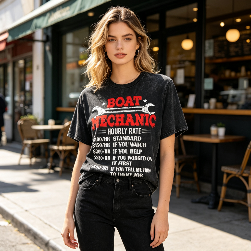Women's Black Washed-Finish Short-Sleeve T-Shirt – Featuring a Fun "Marine Mechanic Wrench & Hourly Rate Quote" Graphic – American Workwear Style Crew Neck Top