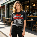 Women's Black Washed-Finish Short-Sleeve T-Shirt – Featuring a Fun "Marine Mechanic Wrench & Hourly Rate Quote" Graphic – American Workwear Style Crew Neck Top