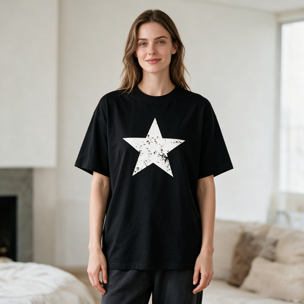 Vintage-style distressed star-print T-shirt – 100% cotton, black, oversized fit, short sleeves.